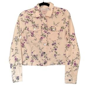 Candies Denim Jacket Womens Size S Pink with Floral Button Up Stretch NWOT